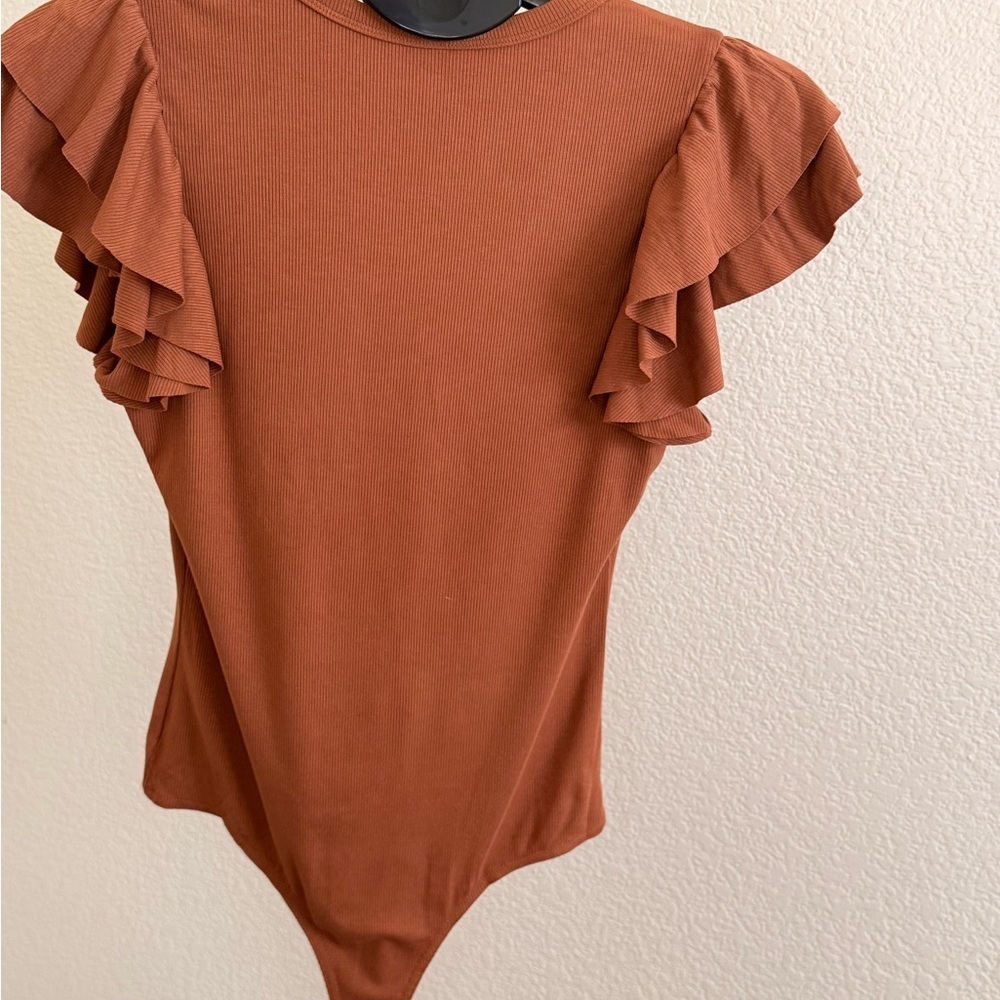 Ruffled Sleeve V-Neck Top - Brown - Picture 2 of 3